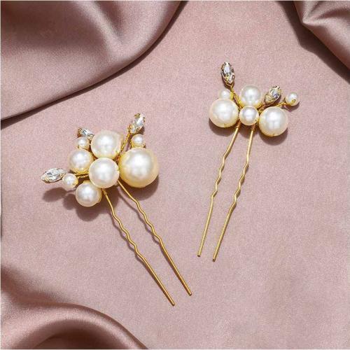 Hair Stick Plastic Pearl with brass wire 2 pieces & for woman & with rhinestone Sold By Set