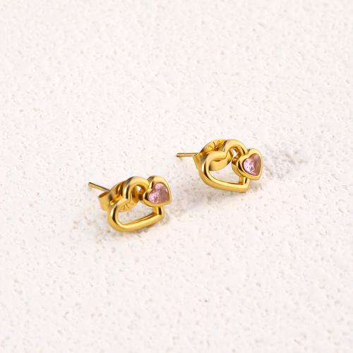 Stainless Steel Stud Earrings 304 Stainless Steel Heart 18K gold plated fashion jewelry & for woman & with rhinestone golden 10mm Sold By Pair