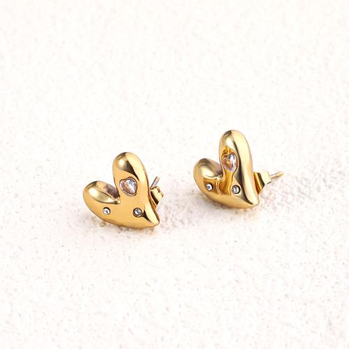 Stainless Steel Stud Øreringe, 304 rustfrit stål, Heart, 18K forgyldt, mode smykker & for kvinde & med rhinestone, gylden, 14x15mm, Solgt af par