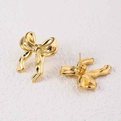 Stainless Steel Stud Earrings 304 Stainless Steel Bowknot 18K gold plated fashion jewelry & for woman golden Sold By Pair