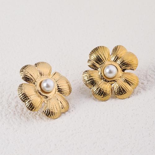 Stainless Steel Stud Øreringe, 304 rustfrit stål, med Plastic Pearl, Flower, 18K forgyldt, mode smykker & for kvinde, gylden, 22x20mm, Solgt af par