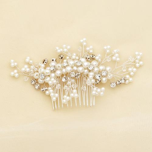 Decorative Hair Combs Plastic Pearl with brass wire & Crystal & Rhinestone fashion jewelry & for woman silver color Sold By PC