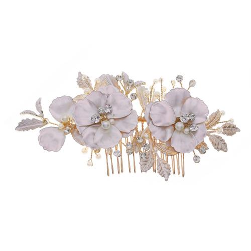 Decorative Hair Combs Zinc Alloy with brass wire & Rhinestone & Plastic Pearl fashion jewelry & for woman golden Sold By PC