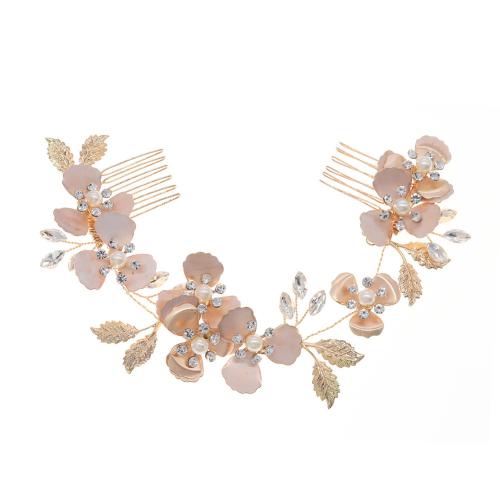 Decorative Hair Combs Zinc Alloy with Glass Rhinestone & brass wire & Plastic Pearl fashion jewelry & for woman golden Sold By PC