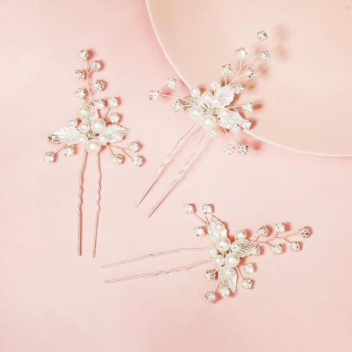 Hair Stick Zinc Alloy with brass wire & Rhinestone & Plastic Pearl three pieces & fashion jewelry & for woman silver color Sold By Set