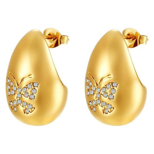 Stainless Steel Stud Earrings 304 Stainless Steel Teardrop Vacuum Ion Plating fashion jewelry & micro pave cubic zirconia & for woman Sold By Pair