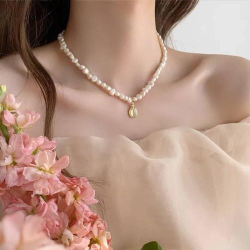 Freshwater Pearl Brass Necklace with Moonstone & Brass with 6cm extender chain Baroque fashion jewelry white Length 36 cm Sold By PC