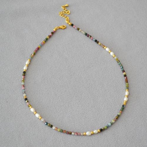 Natural Gemstone Necklace with Freshwater Pearl with 3cm extender chain fashion jewelry mixed colors Length 39 cm Sold By PC