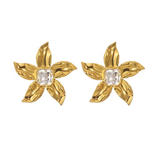 Stainless Steel Stud Earrings 304 Stainless Steel with Cubic Zirconia Flower plated fashion jewelry & for woman golden Sold By Pair