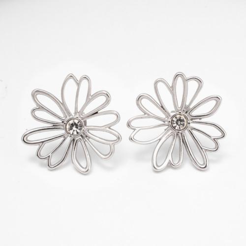 Stainless Steel Stud Earrings 304 Stainless Steel Flower Vacuum Ion Plating for woman & with rhinestone & hollow Sold By Pair