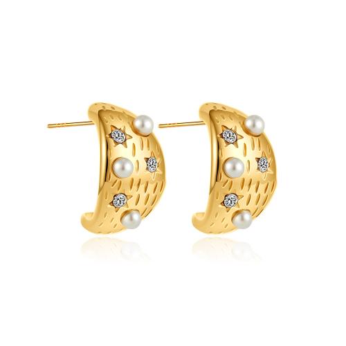 Roestvrij staal Stud Earrings, 304 roestvrij staal, met Plastic Pearl, plated, micro pave zirconia & voor vrouw, goud, Verkocht door pair