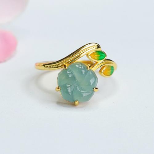 Jadeite Cuff Finger Ring with Zinc Alloy Leaf gold color plated folk style & for woman & enamel US Ring Sold By PC