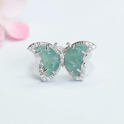 Jadeite Cuff Finger Ring with Zinc Alloy Butterfly folk style & for woman & with rhinestone Grade A US Ring Sold By PC