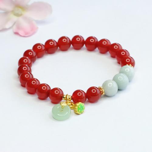 agate rouge bracelet, avec jade & laiton, style folk & pour femme, beads length 8mm, Longueur Environ 6-8 pouce, Vendu par PC