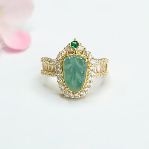 Jadeite Cuff Finger Ring with Zinc Alloy Leaf gold color plated folk style & for woman & with rhinestone Grade A US Ring Sold By PC