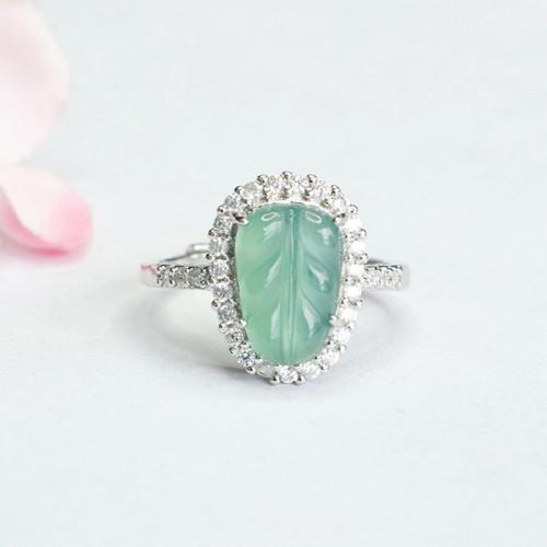 Jadeite Cuff Finger Ring with Zinc Alloy Leaf folk style & for woman & with rhinestone Grade A US Ring Sold By PC