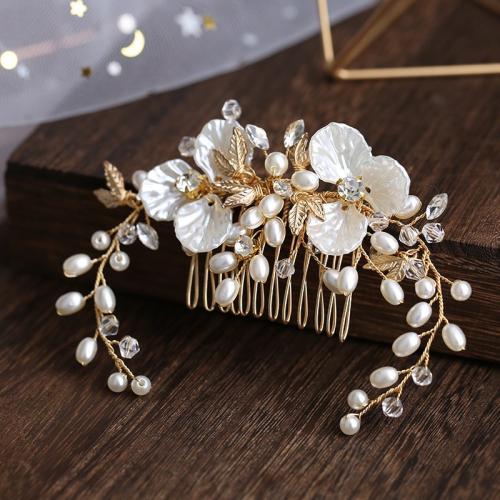 Decorative Hair Combs Plastic Pearl with brass wire & Crystal fashion jewelry & for woman golden Sold By PC