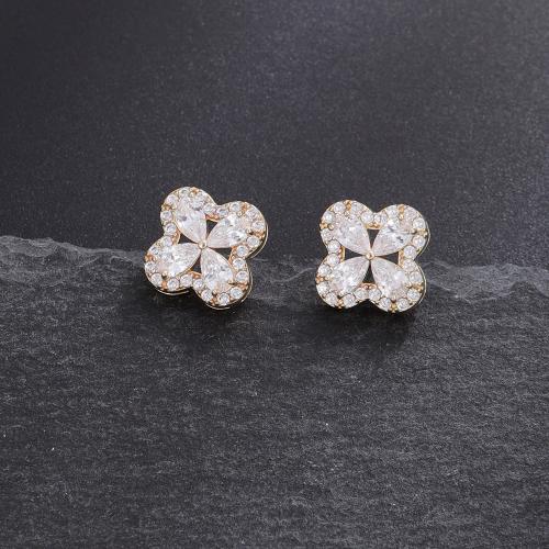 Cubic Zirconia Micro Pave Brass Earring Four Leaf Clover fashion jewelry & micro pave cubic zirconia & for woman golden Sold By Pair