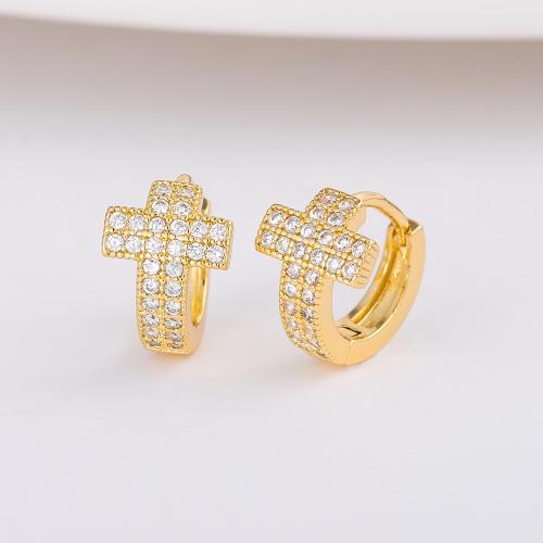 Cubic Zirconia Micro Pave Brass Earring Cross fashion jewelry & Unisex & micro pave cubic zirconia golden Sold By Pair