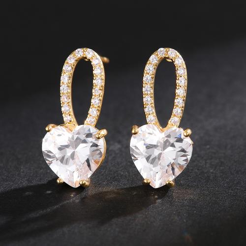 Cubic Zirconia Micro Pave Brass Earring Heart fashion jewelry & micro pave cubic zirconia & for woman golden Sold By Pair