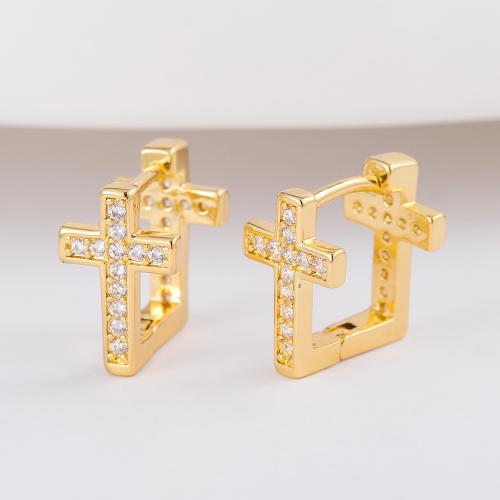 Cubic Zirconia Micro Pave Brass Earring Cross fashion jewelry & Unisex & micro pave cubic zirconia golden Sold By Pair