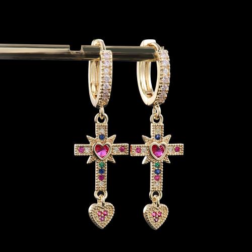 Cubic Zirconia Micro Pave Brass Earring Cross fashion jewelry & Unisex & micro pave cubic zirconia Sold By Pair