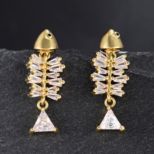 Cubic Zirconia Micro Pave Brass Earring Fish Bone fashion jewelry & micro pave cubic zirconia & for woman golden Sold By Pair