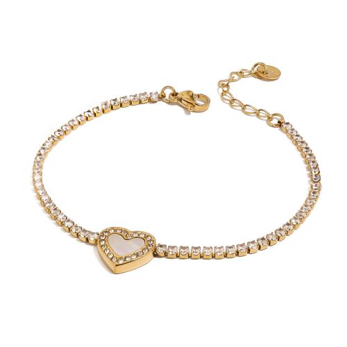 Bijoux bracelet en acier inoxydable, Acier inoxydable 304, coeur, bijoux de mode & pour femme & avec strass, doré, 11.10mm, Longueur Environ 17 cm, Vendu par PC