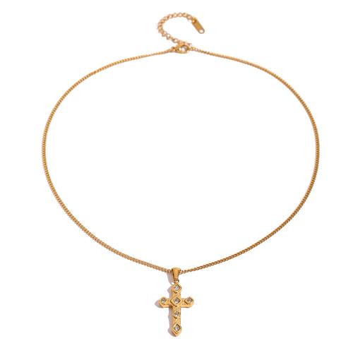 Collier de bijoux en acier inoxydable, Acier inoxydable 304, avec 5cm chaînes de rallonge, croix, bijoux de mode & pour femme & avec strass, doré, 38.30mm, Longueur Environ 45 cm, Vendu par PC