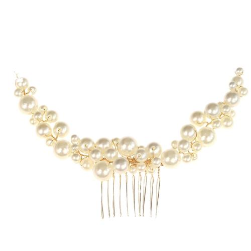 Decorative Hair Combs Plastic Pearl with Zinc Alloy gold color plated for woman nickel lead & cadmium free Sold By PC