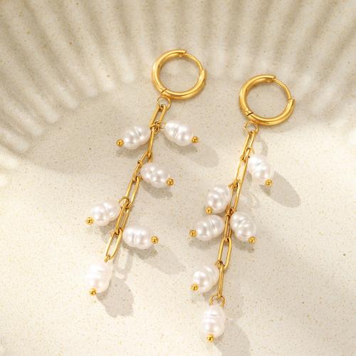 Huggie hoepel Drop Earrings, 304 roestvrij staal, met Plastic Pearl, gold plated, voor vrouw, Verkocht door pair