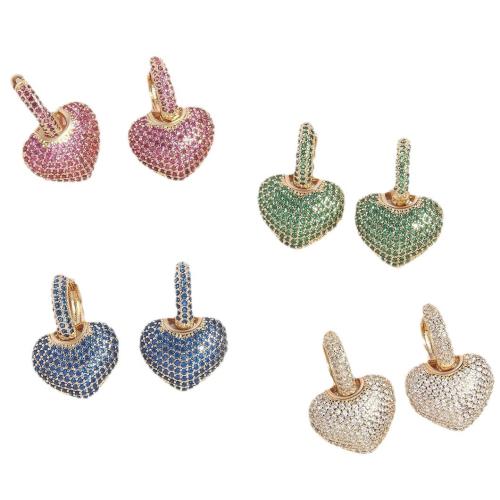 Cubic Zirconia Micro Pave Brass Earring Heart gold color plated fashion jewelry & micro pave cubic zirconia & for woman Sold By Pair