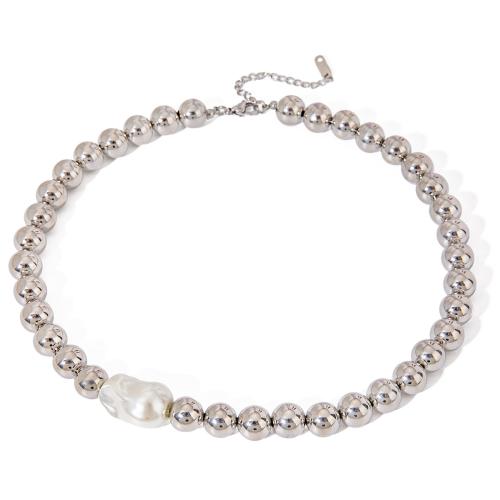 Collier de bijoux en acier inoxydable, Acier inoxydable 304, avec perle de plastique, avec 1.96 Inch chaînes de rallonge, Placage, bijoux de mode & pour femme, couleur originale, Longueur 15.74 pouce, Vendu par PC