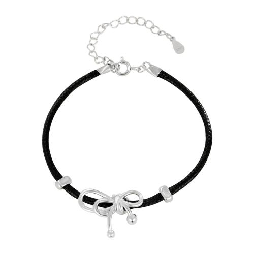 925 Sterling Silver Bangle Bracelet with leather cord with 3CM extender chain Bowknot for woman black Length Approx 16 cm Sold By PC