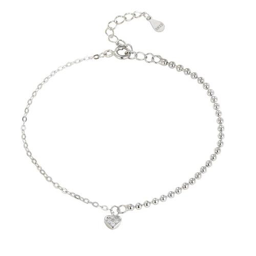 Sterling Silber Armbänder, 925 Sterling Silber, mit Verlängerungskettchen von 5CM, Herz, Micro pave Zirkonia & für Frau, Silberfarbe, Länge ca. 15.5 cm, verkauft von PC