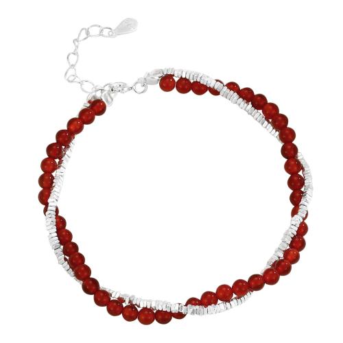 Sterling Silver Narukvice, 925 Sterling Silver, s Red Agate, s 3CM Produžetak lanac, za žene, srebro, Dužina Približno 16 cm, Prodano By PC