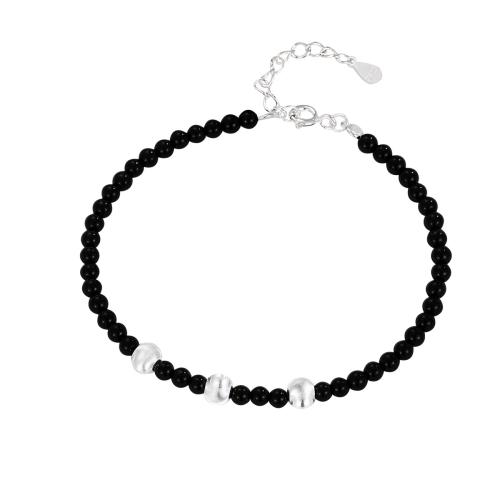 925 Sterling Silver Bangle Bracelet with Black Agate with 3CM extender chain for woman black Length Approx 16 cm Sold By PC