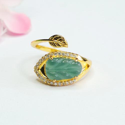 Jadeite Cuff Finger Ring with Zinc Alloy Leaf gold color plated folk style & for woman & with rhinestone US Ring Sold By PC