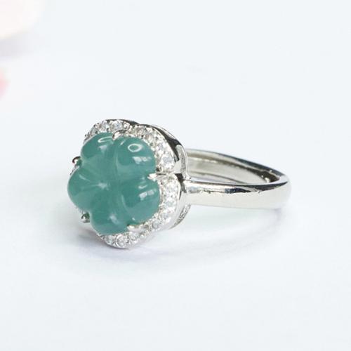 Jadeite Cuff Finger Ring with Zinc Alloy Flower folk style & for woman & with rhinestone Grade A US Ring Sold By PC