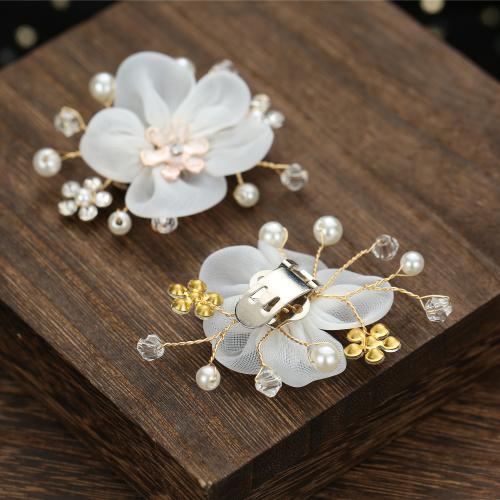 Fashion Decoration Flowers Cloth with brass wire & Plastic Pearl 2 pieces & with rhinestone white Sold By Set