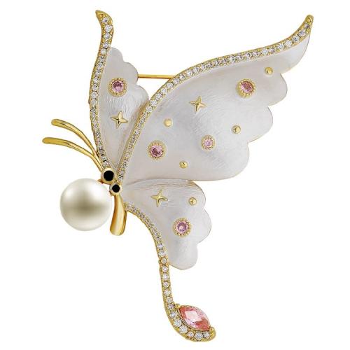 Zinc Alloy Brooches with Plastic Pearl Butterfly for woman & with rhinestone white Sold By PC