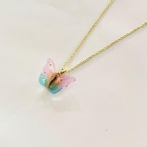 Zinc Alloy Jewelry Necklace with Resin Butterfly fashion jewelry & micro pave cubic zirconia & for woman & epoxy gel Length Approx 45 cm Sold By PC