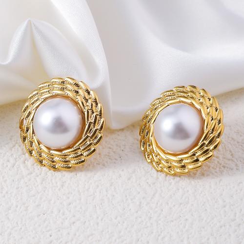 Roestvrij staal Stud Earrings, 304 roestvrij staal, met Plastic Pearl, mode sieraden & voor vrouw, gouden, 21mm, Verkocht door pair