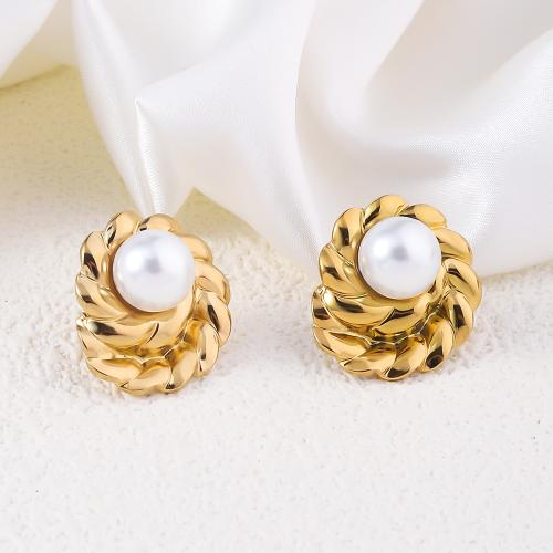 Roestvrij staal Stud Earrings, 304 roestvrij staal, met Plastic Pearl, 18K verguld, mode sieraden & voor vrouw, gouden, 23x21mm, Verkocht door pair