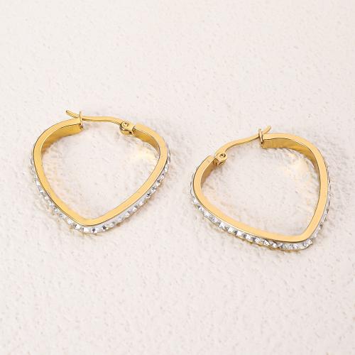 Stainless Steel Lever Terug Earring, 304 roestvrij staal, 18K verguld, mode sieraden & voor vrouw & met strass, gouden, 34x31mm, Verkocht door pair