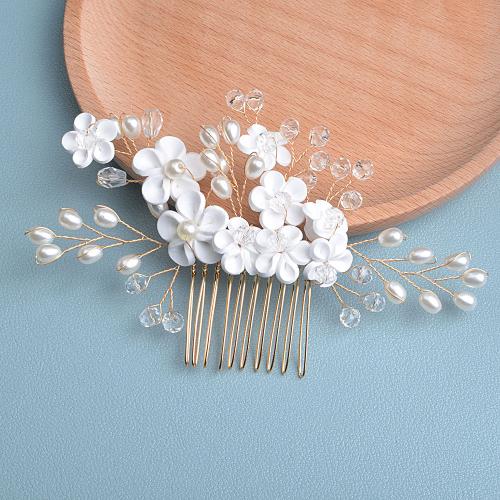 Decorative Hair Combs Plastic Pearl with brass wire & Polymer Clay & Crystal fashion jewelry & for woman golden Sold By PC