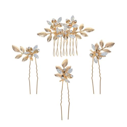 Accessori misti per capelli, lega in zinco, capelli pettine & bastone dei capelli, with strass, 4 pezzi & gioielli di moda & per la donna, dorato, Hair comb 7 * 6cm, hairpin 9 * 2cm, Venduto da set