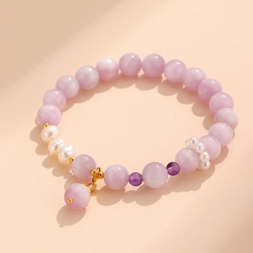 Pulseiras de pedras preciosas, Kunzite, with Shell Pearl & Pérolas de água doce & ametista, joias de moda & para mulher, roxo, beads:8mm and 6mm, Diametro interno:Aprox 53mm, vendido por PC