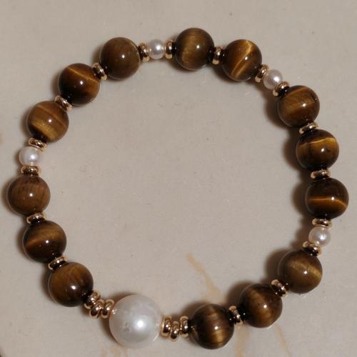 Natural Tiger Eye pulseiras, olho de tigre, with Shell Pearl, Roda, joias de moda & unissex, comprimento 18 cm, vendido por PC