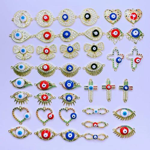 Evil Eye Connector Brass gold color plated DIY & evil eye pattern & micro pave cubic zirconia & enamel & 1/1 loop nickel lead & cadmium free Sold By Bag